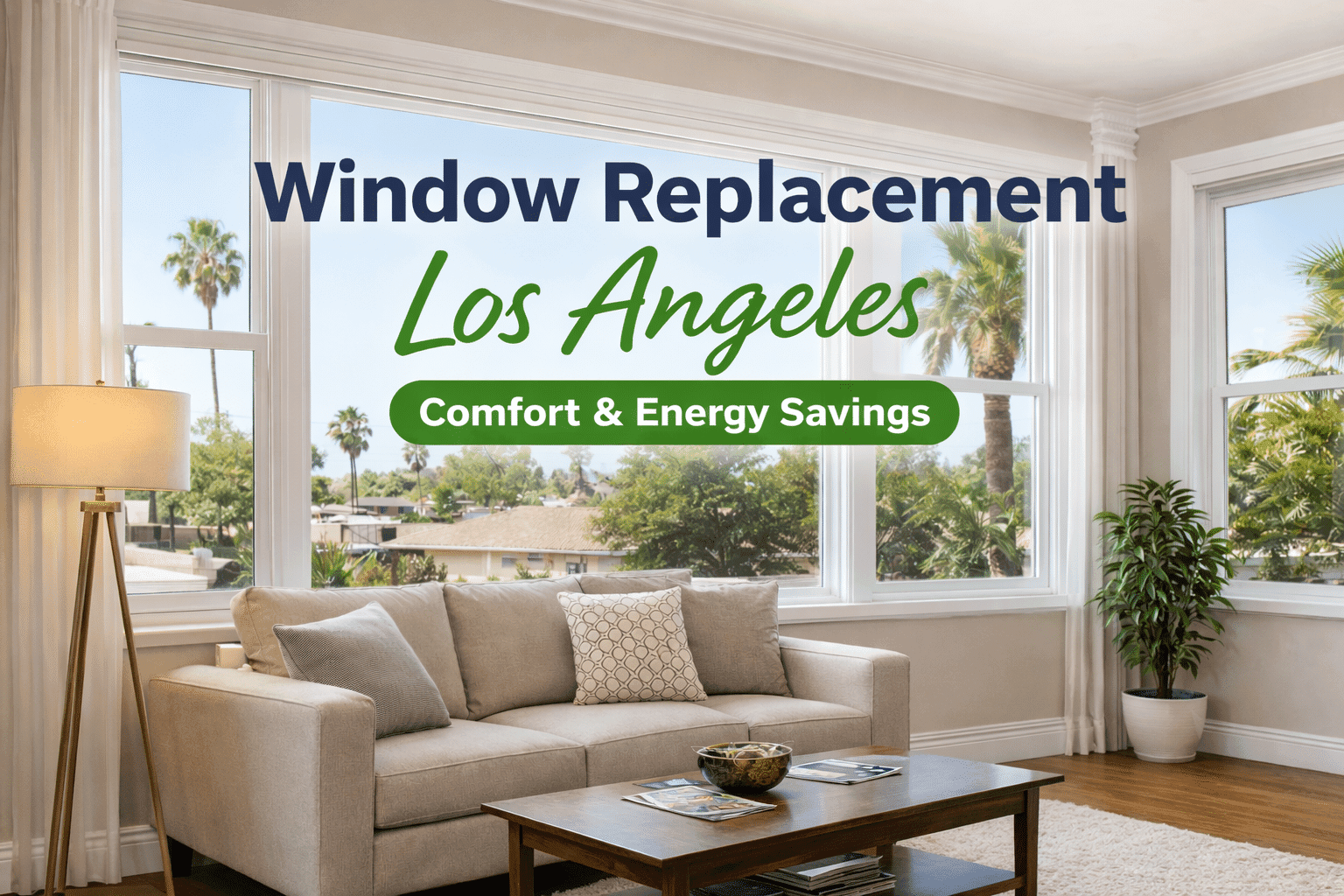 Energy-efficient window replacement in a Los Angeles living room with large double-pane windows and palm tree views