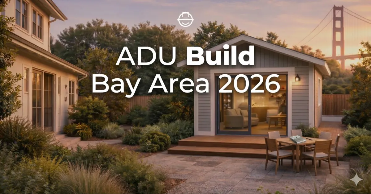 Modern backyard ADU behind a Bay Area home with sliding glass doors and patio seating, illustrating accessory dwelling unit construction and property investment.