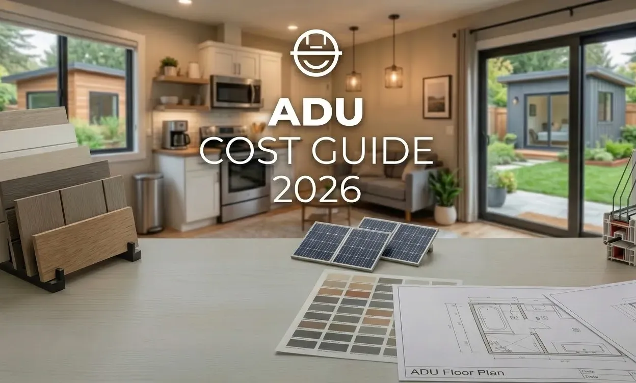 Modern ADU exterior with blueprints, keys, and cash on table
