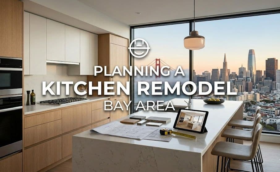A photograph of a modern kitchen interior with a view of the San Francisco skyline and large white text that reads: PLANNING A KITCHEN REMODEL BAY AREA.
