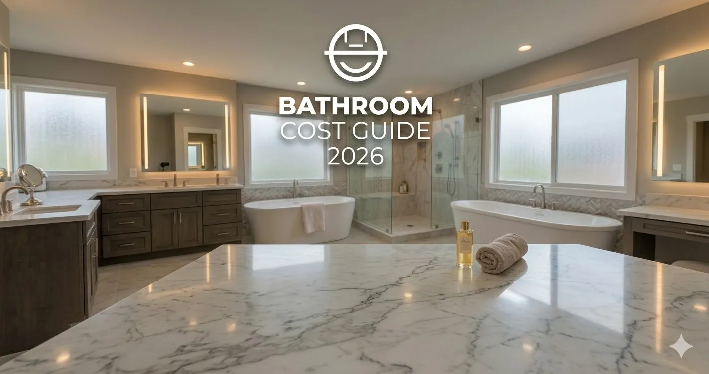 Bright remodeled bathroom with tiled shower, vanity, and calculator on table (cost planning)