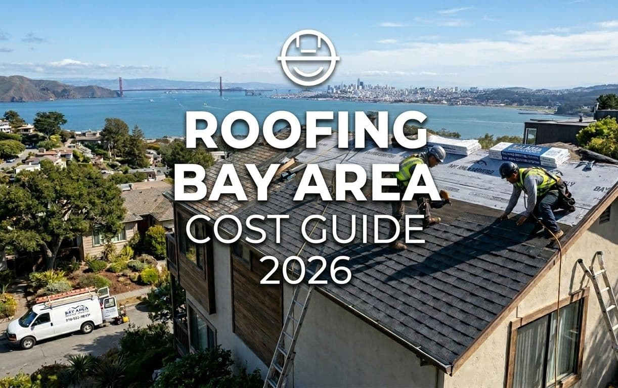 It features a photo of a roofing crew working on a residential house in the Bay Area.