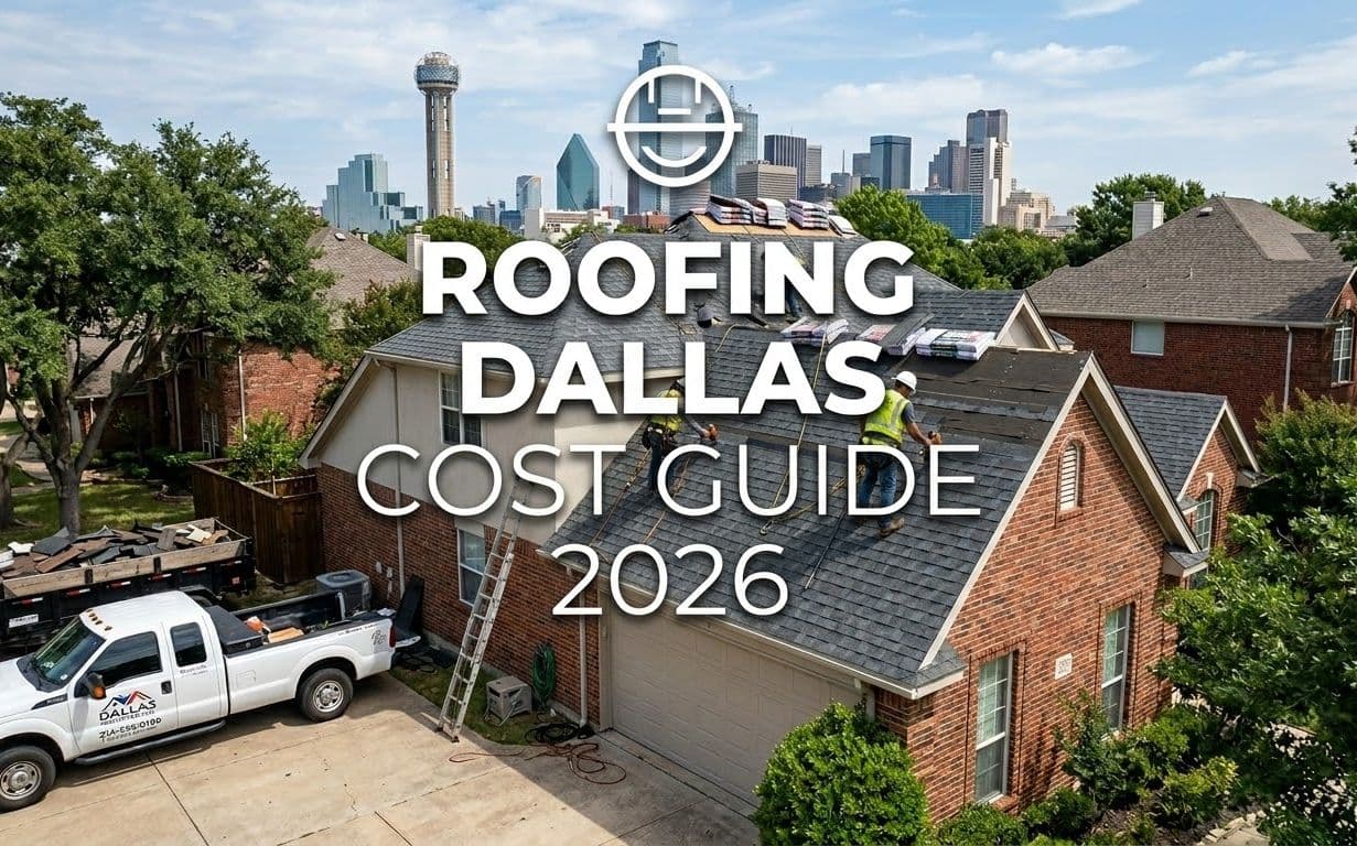 An aerial photo of roofers working on a house with the Dallas skyline in the background.