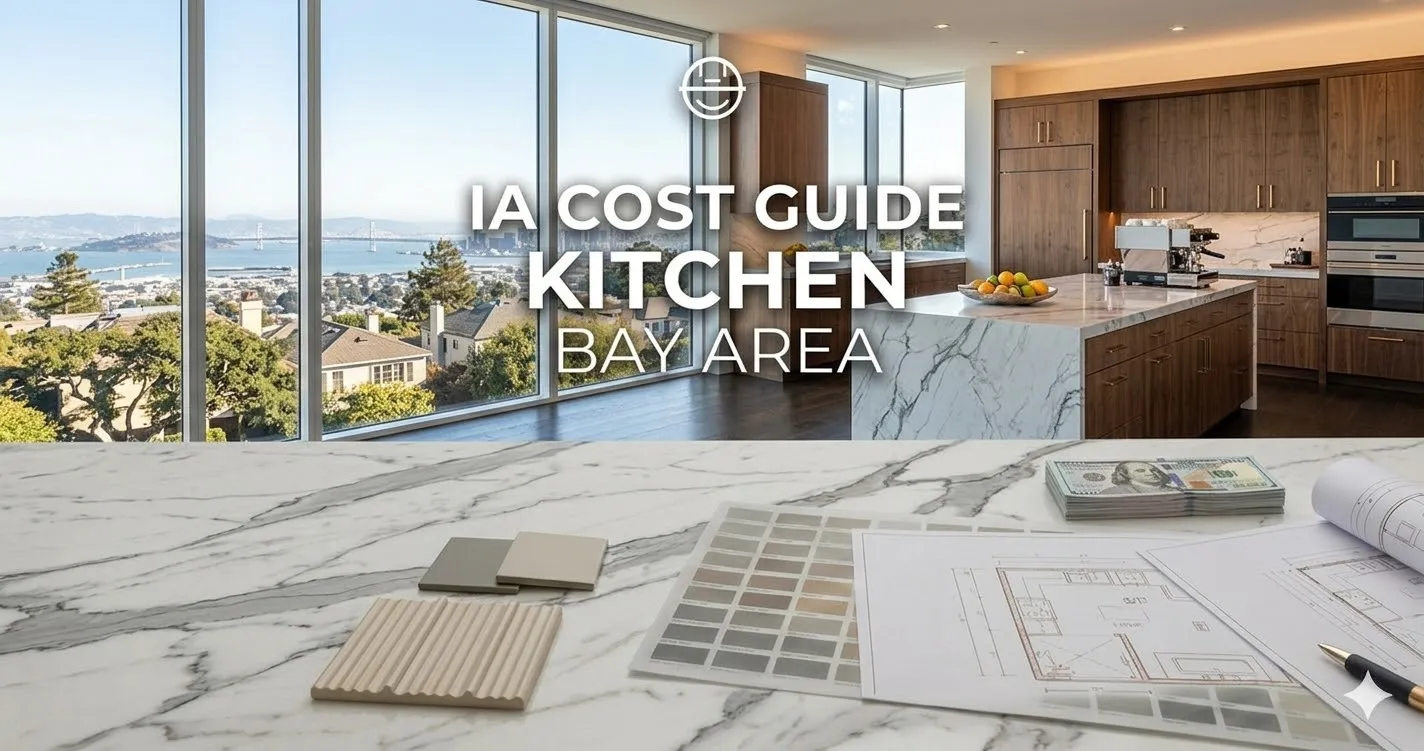 IA Cost Guide for kitchen remodeling in the Bay Area, featuring construction materials and blueprints.