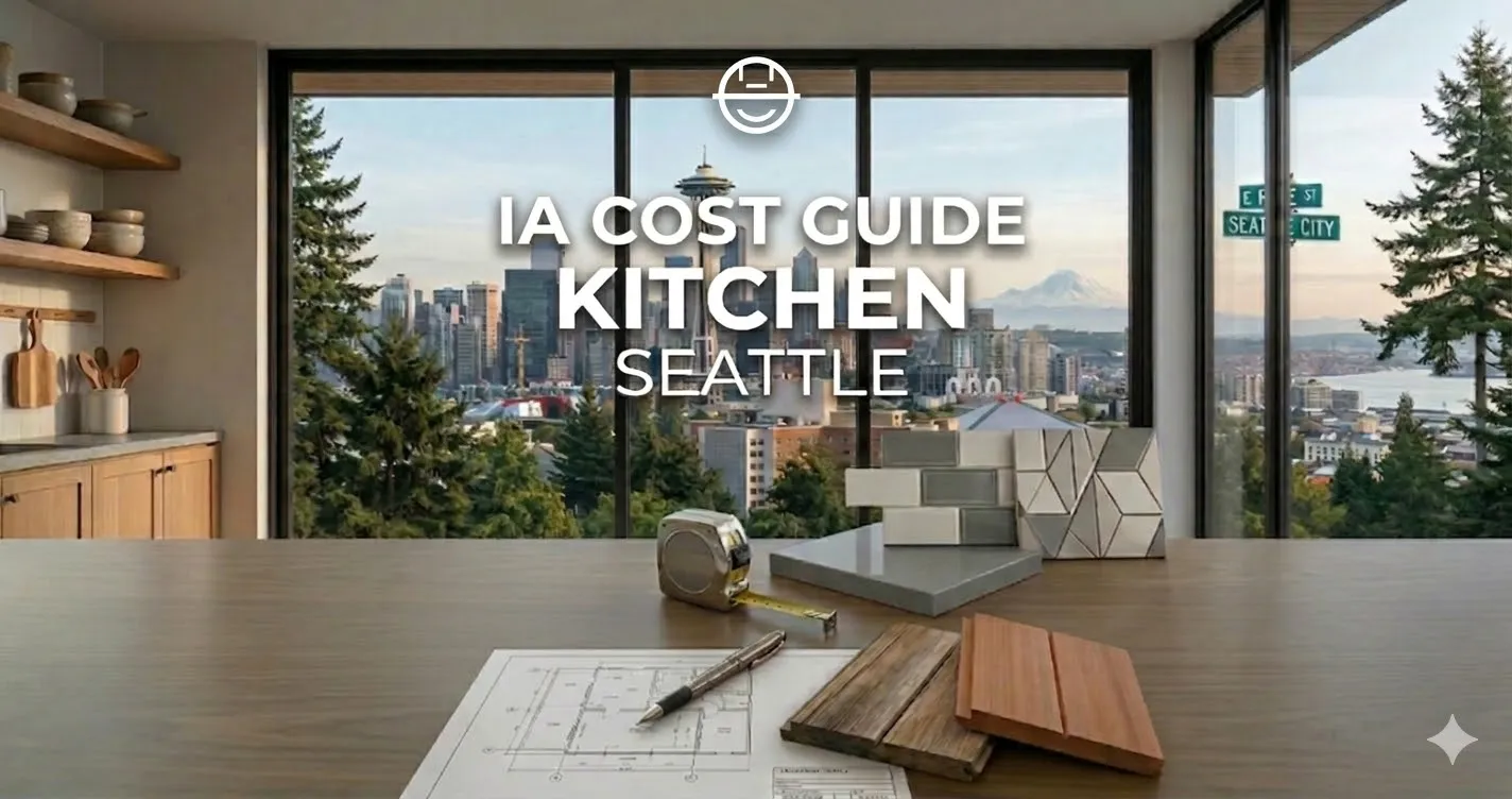 Kitchen renovation cost guide for Seattle with Space Needle skyline view and architectural samples.