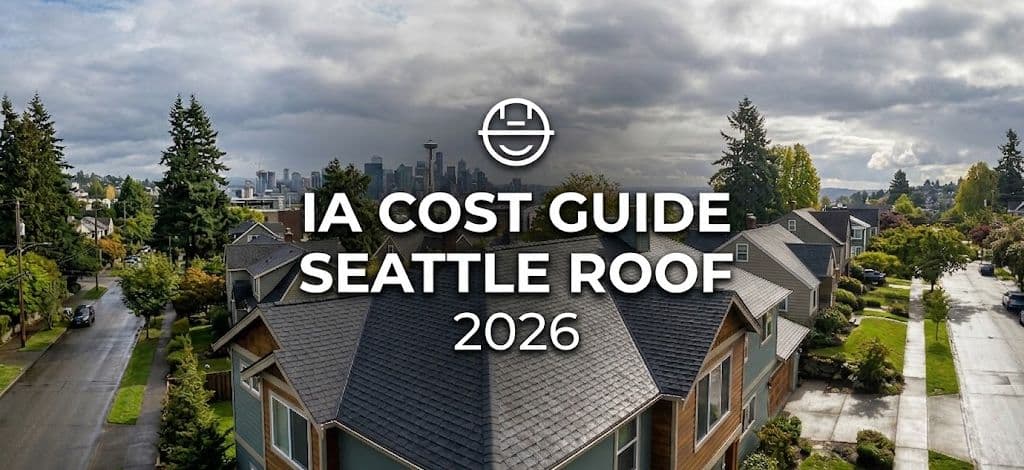 Aerial photo of a Seattle home and skyline, with a text overlay for 'IA Cost Guide Seattle Roof 2026' and a construction logo.