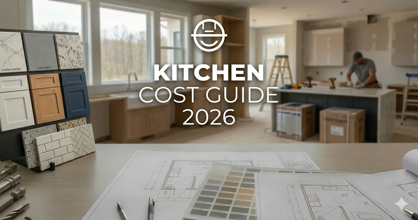 Modern white kitchen remodel with marble countertops, stainless steel appliances, and a calculator with cash on the island, representing how to budget for a kitchen remodel in 2026.