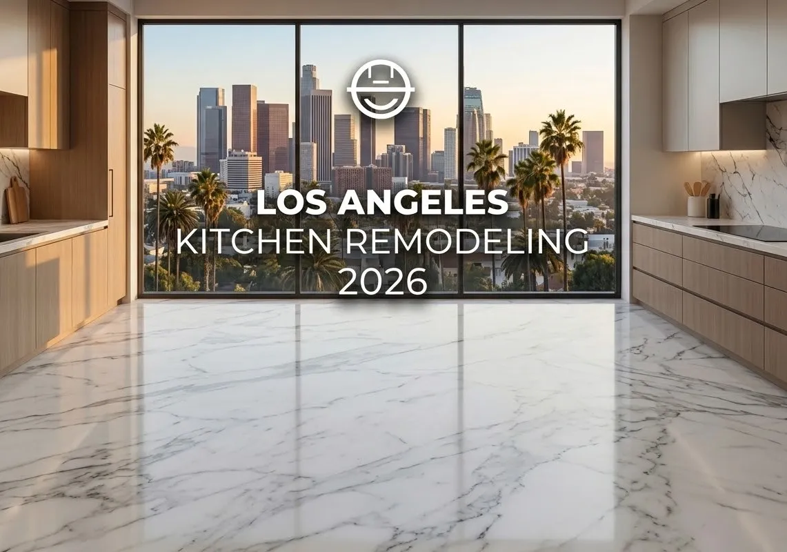 A detailed promotional banner image for 'Los Angeles Kitchen Remodeling 2026'. In the foreground, a desk is filled with design and cost planning elements, including labeled granite and quartz samples.