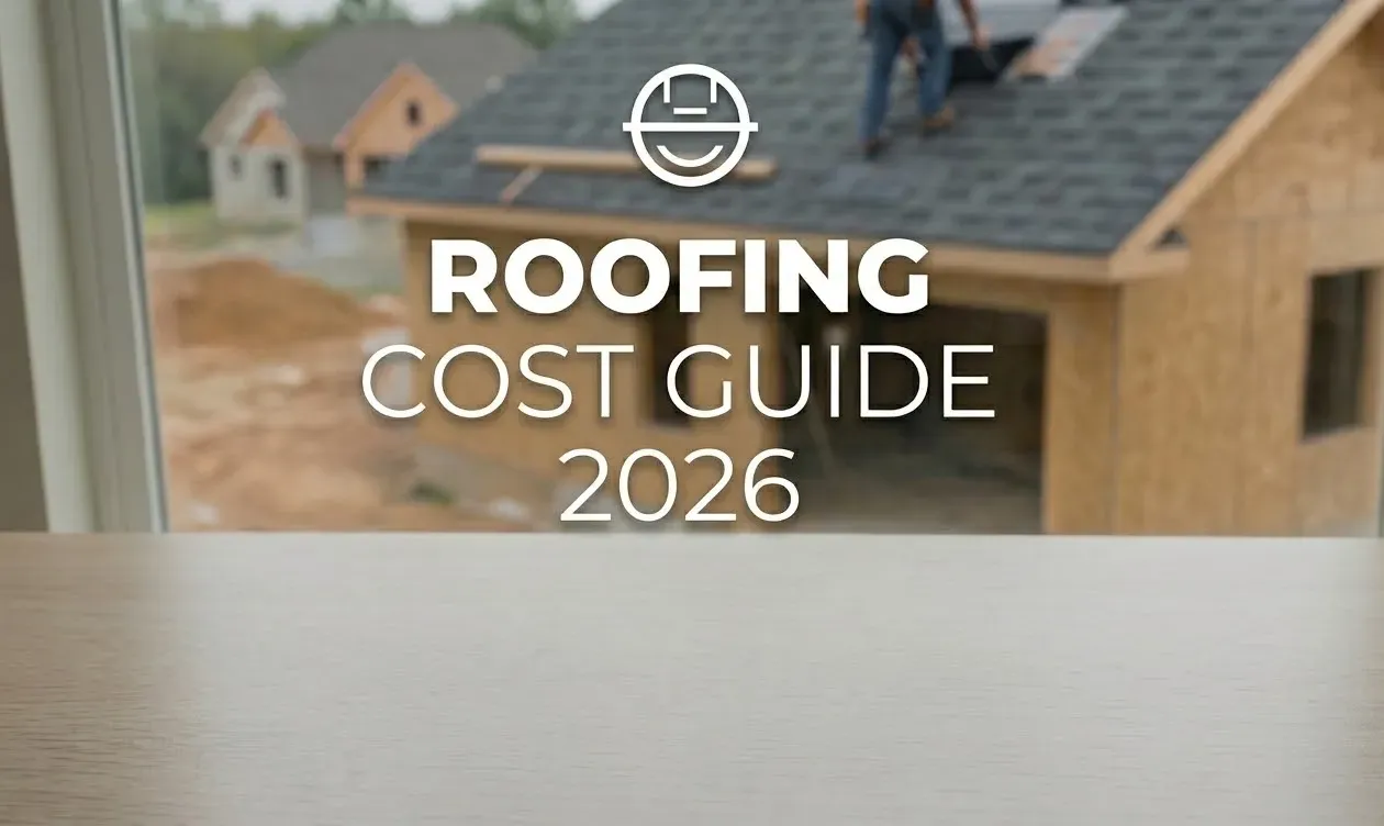 Asphalt shingle roof installation on a residential home with shingle samples and a calculator (cost planning)