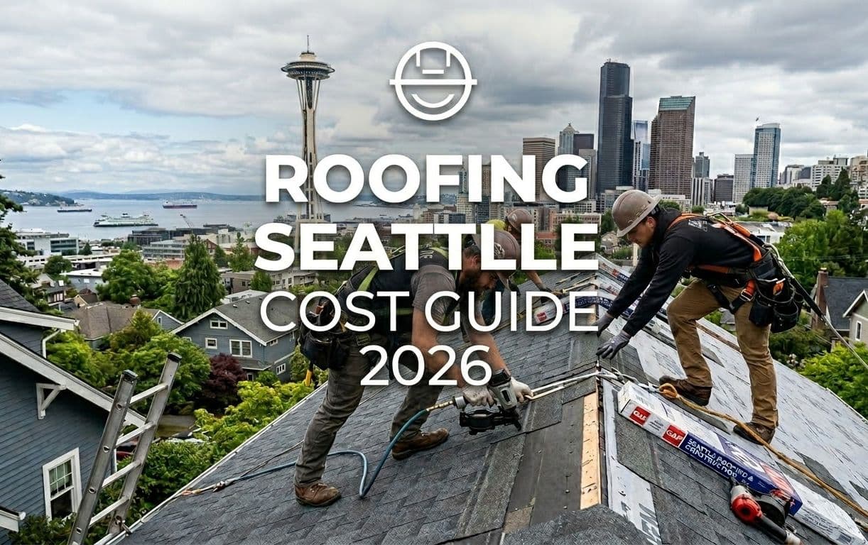 A pneumatic framing nailer is fired repeatedly into roof sheathing, with the Seattle Space Needle in the background.