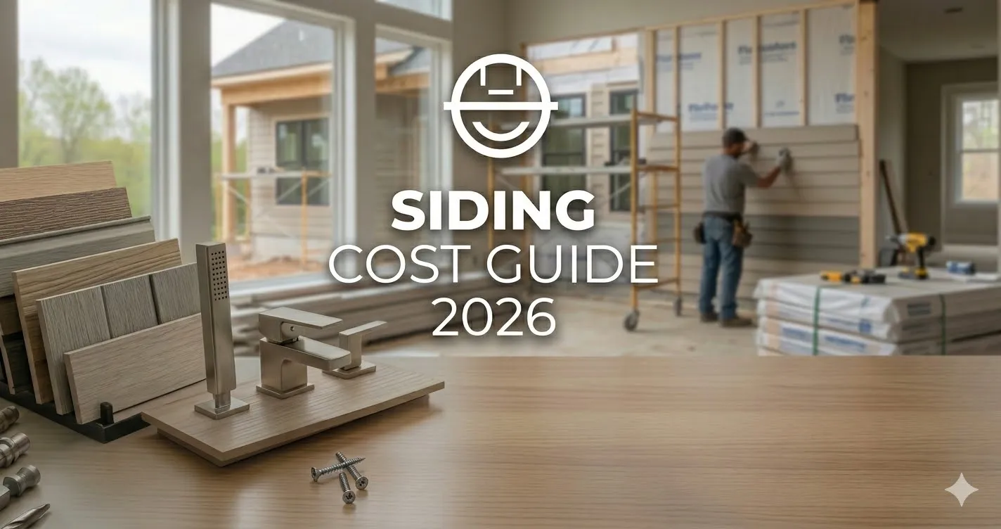 House facade with new siding panels, color samples, and workers installing siding (cost planning)