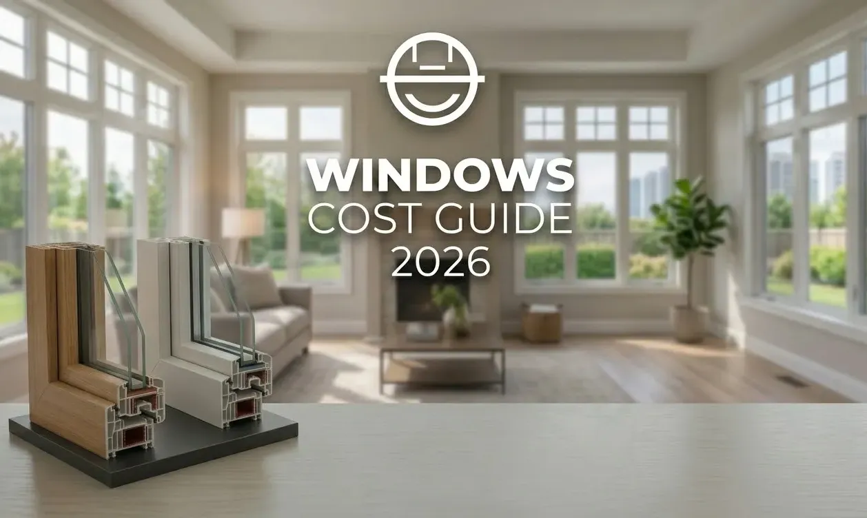 Double‑glazed replacement windows overlooking a garden with a calculator on the table (cost planning)