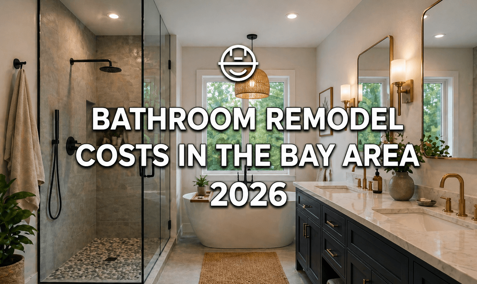 Modern bathroom remodel in the Bay Area featuring a glass shower, freestanding tub, and double vanity, illustrating 2026 renovation costs