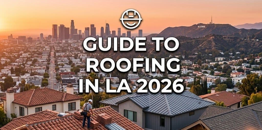 A guide cover image for LA 2026 roofing, over a scenic sunset skyline with residential rooftops and a working roofer.