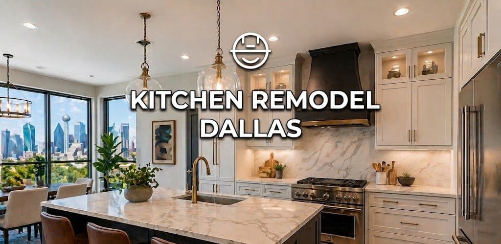 Modern Dallas kitchen remodel with marble island and city skyline view.