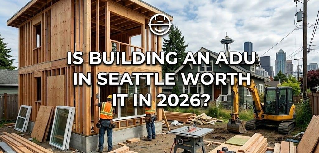 Bustling backyard construction scene in Seattle featuring two workers in safety vests building a two-story wood-frame ADU.