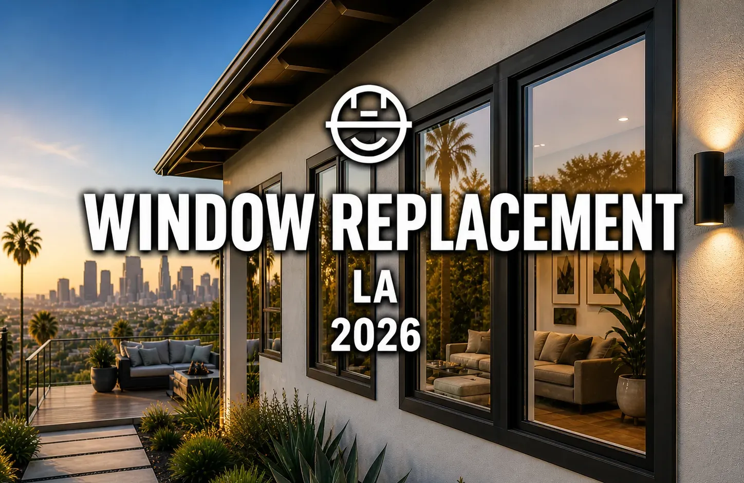 Modern Los Angeles home with large energy-efficient windows and city skyline view at sunset, illustrating 2026 window replacement costs.