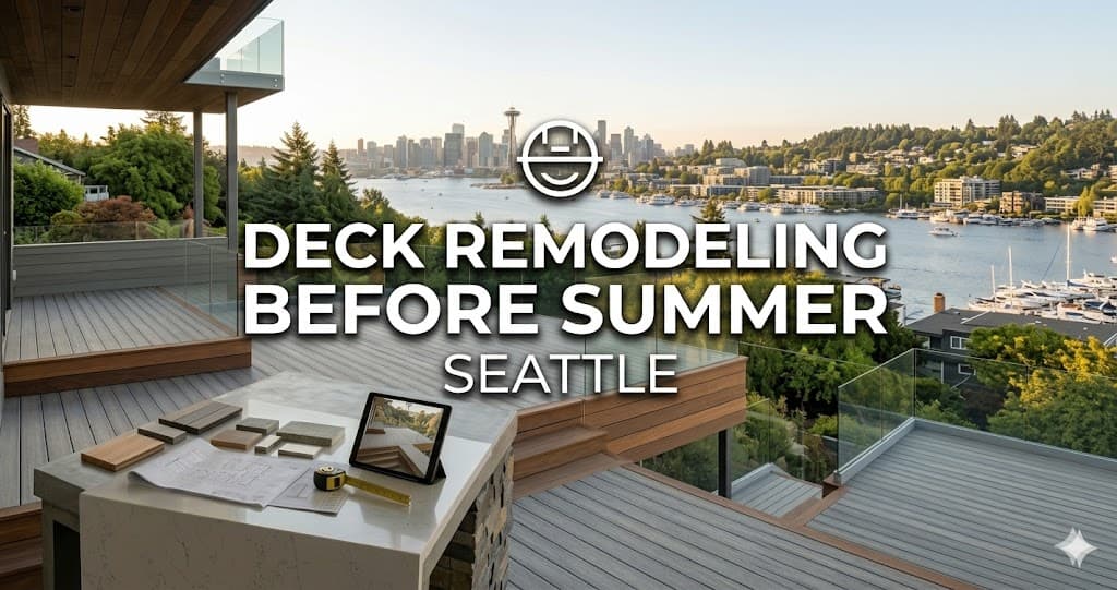A wide panoramic photograph from a multi-level composite deck in Seattle, illustrating the planning and results of a renovation.