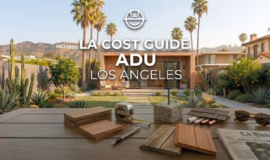 ADU construction cost guide for Los Angeles featuring Hollywood sign view and planning tools.