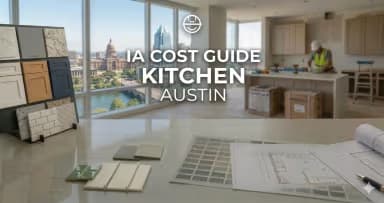 Cover for an Austin kitchen cost guide with design samples and a city view.