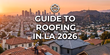 A guide cover image for LA 2026 roofing, over a scenic sunset skyline with residential rooftops and a working roofer.