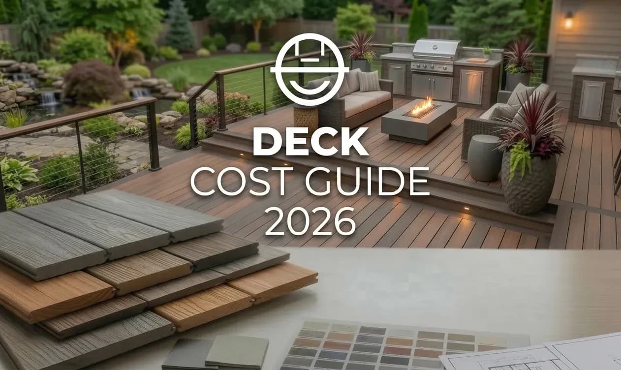 Spacious wooden patio deck with outdoor seating, plan drawings, and calculator (cost planning)