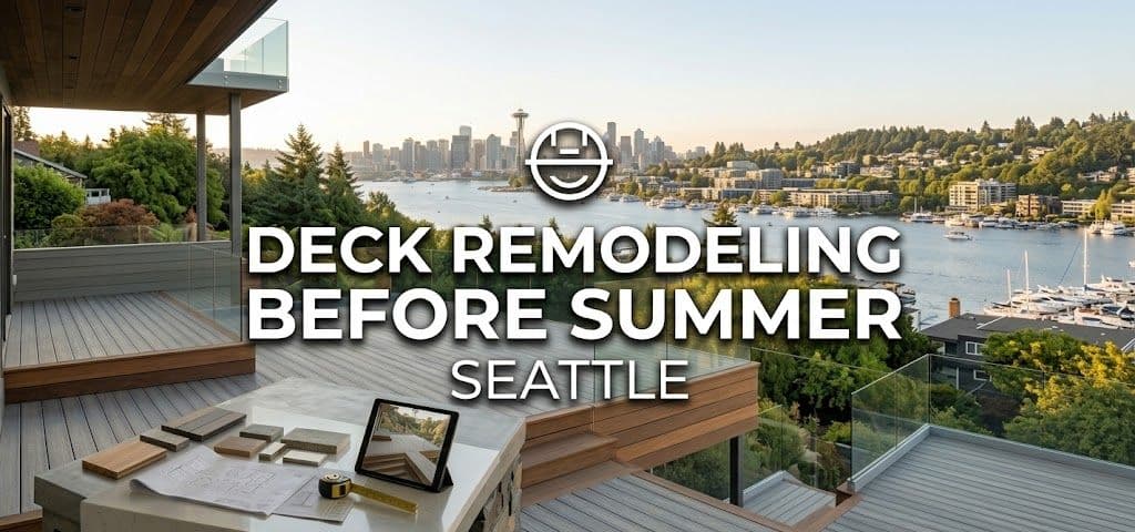 A wide panoramic photograph from a multi-level composite deck in Seattle, illustrating the planning and results of a renovation.