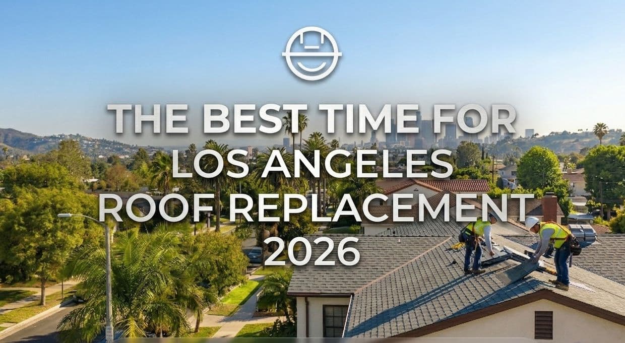 Image with two roofers working on an LA house with the downtown skyline in the background.