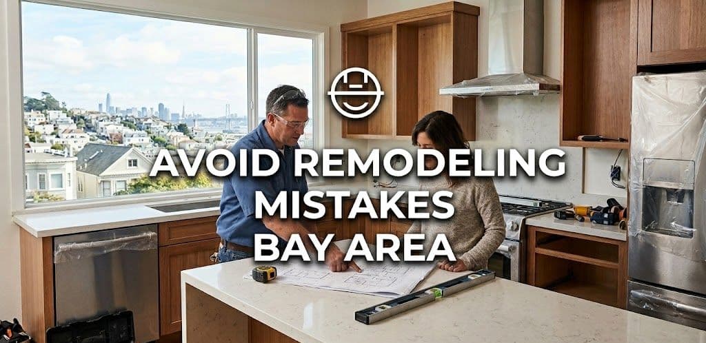 A contractor and a homeowner reviewing blueprints together on a large kitchen island during a home remodel.