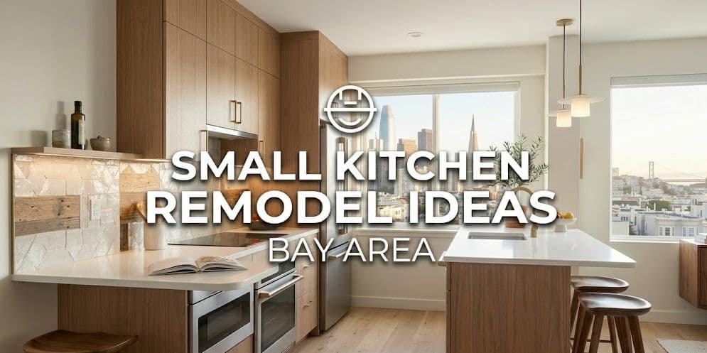 A professional photograph of a modern, small kitchen remodel in the Bay Area, featuring light wood cabinetry, white quartz countertops, stainless steel appliances, and large windows with panoramic views of the San Francisco.