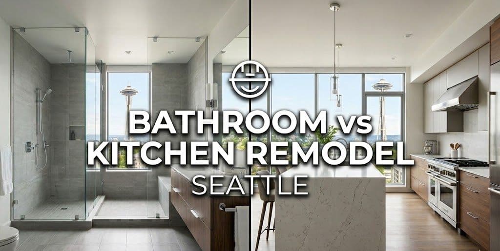 Gemini dijo Split-screen visual comparison of modern bathroom and kitchen remodels in Seattle.