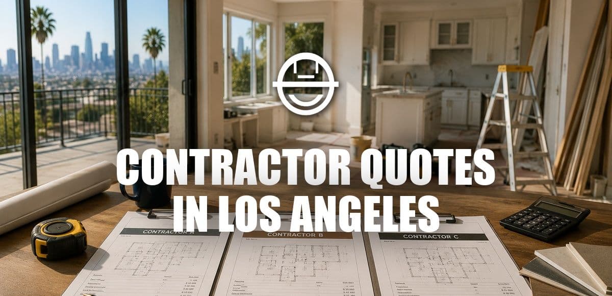 Contractor quotes and blueprints on a table inside a home renovation project in Los Angeles.