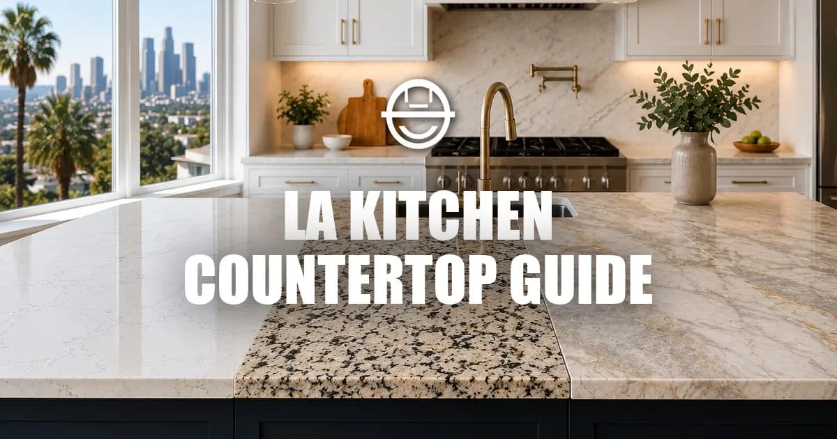 Modern luxury kitchen with quartz, granite, and quartzite countertops in a bright LA home interior.