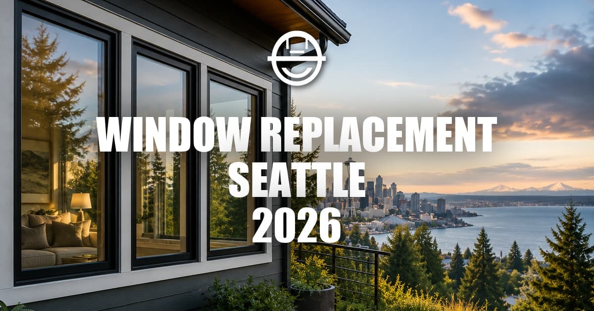 Modern Seattle home with panoramic windows at sunset.