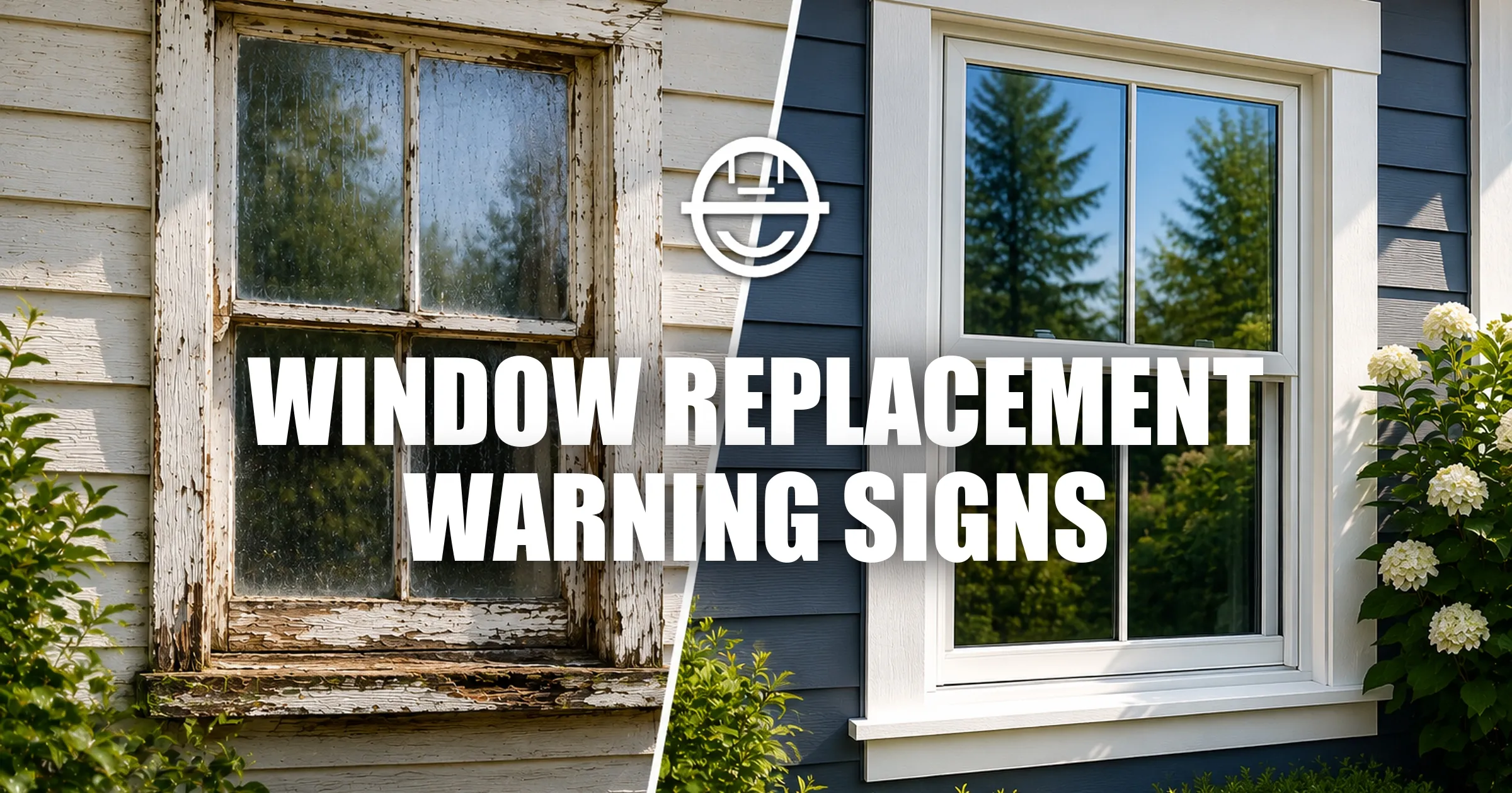 Old damaged house window next to modern energy-efficient replacement window exterior comparison.