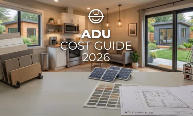 Modern ADU exterior with blueprints, keys, and cash on table