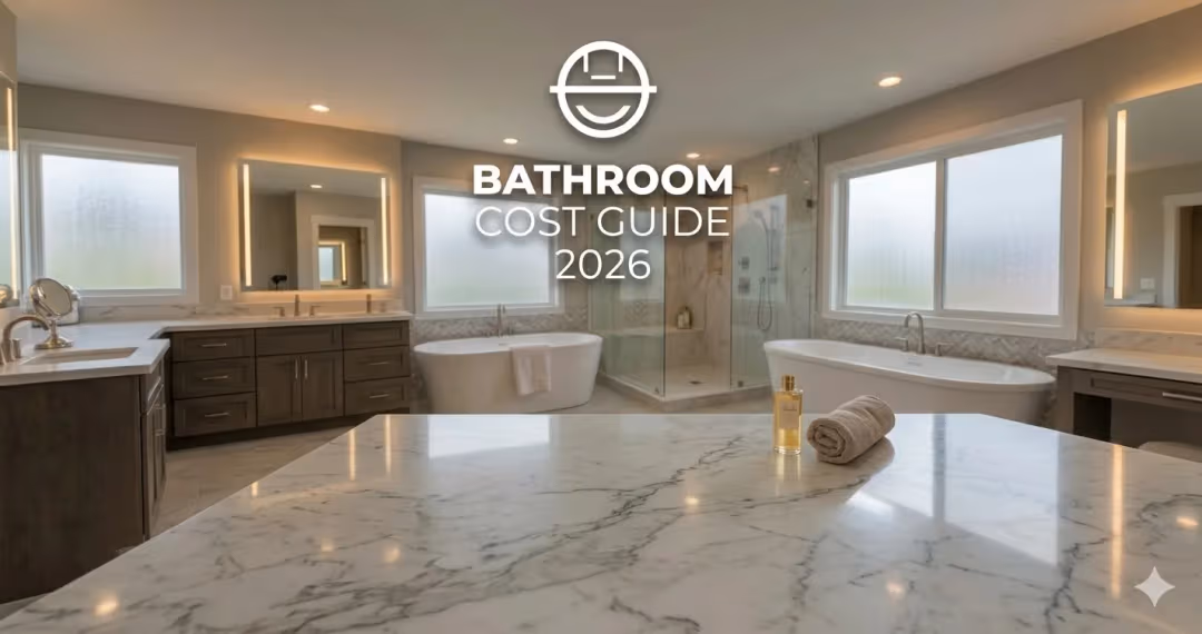Bright remodeled bathroom with tiled shower, vanity, and calculator on table (cost planning)