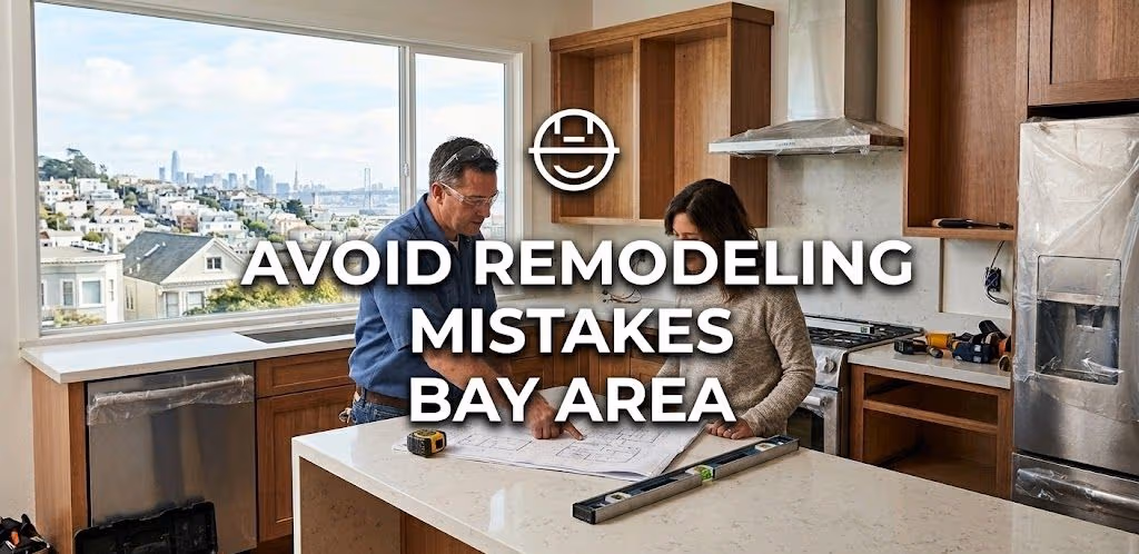 A contractor and a homeowner reviewing blueprints together on a large kitchen island during a home remodel.