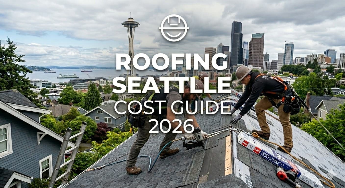 A pneumatic framing nailer is fired repeatedly into roof sheathing, with the Seattle Space Needle in the background.