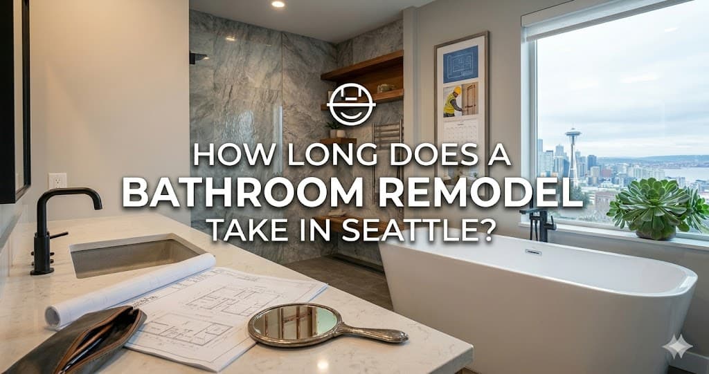 An informative cover image for an article, featuring a photograph of a luxurious modern bathroom in Seattle with a clear view of the Space Needle and the city skyline through a large window.