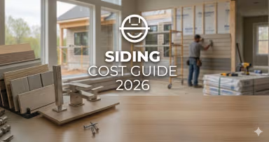 House facade with new siding panels, color samples, and workers installing siding (cost planning)