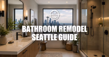 Modern luxury bathroom remodel in Seattle with walk-in shower, soaking tub, and skyline view.