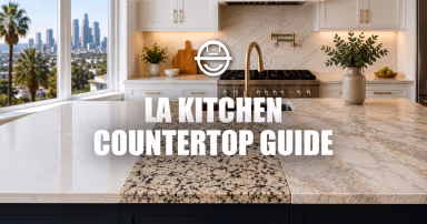 Modern luxury kitchen with quartz, granite, and quartzite countertops in a bright LA home interior.