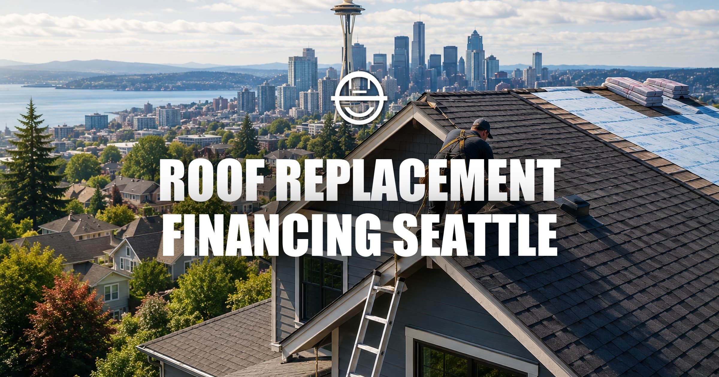 Seattle roofing contractor working on residential roof with skyline and Space Needle view.