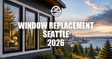 Modern Seattle home with panoramic windows at sunset.