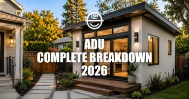 Modern detached ADU in a landscaped backyard behind a suburban home, showcasing contemporary design and residential property value enhancement.