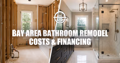 Bathroom renovation financing concept showing unfinished remodel next to completed luxury spa bathroom.