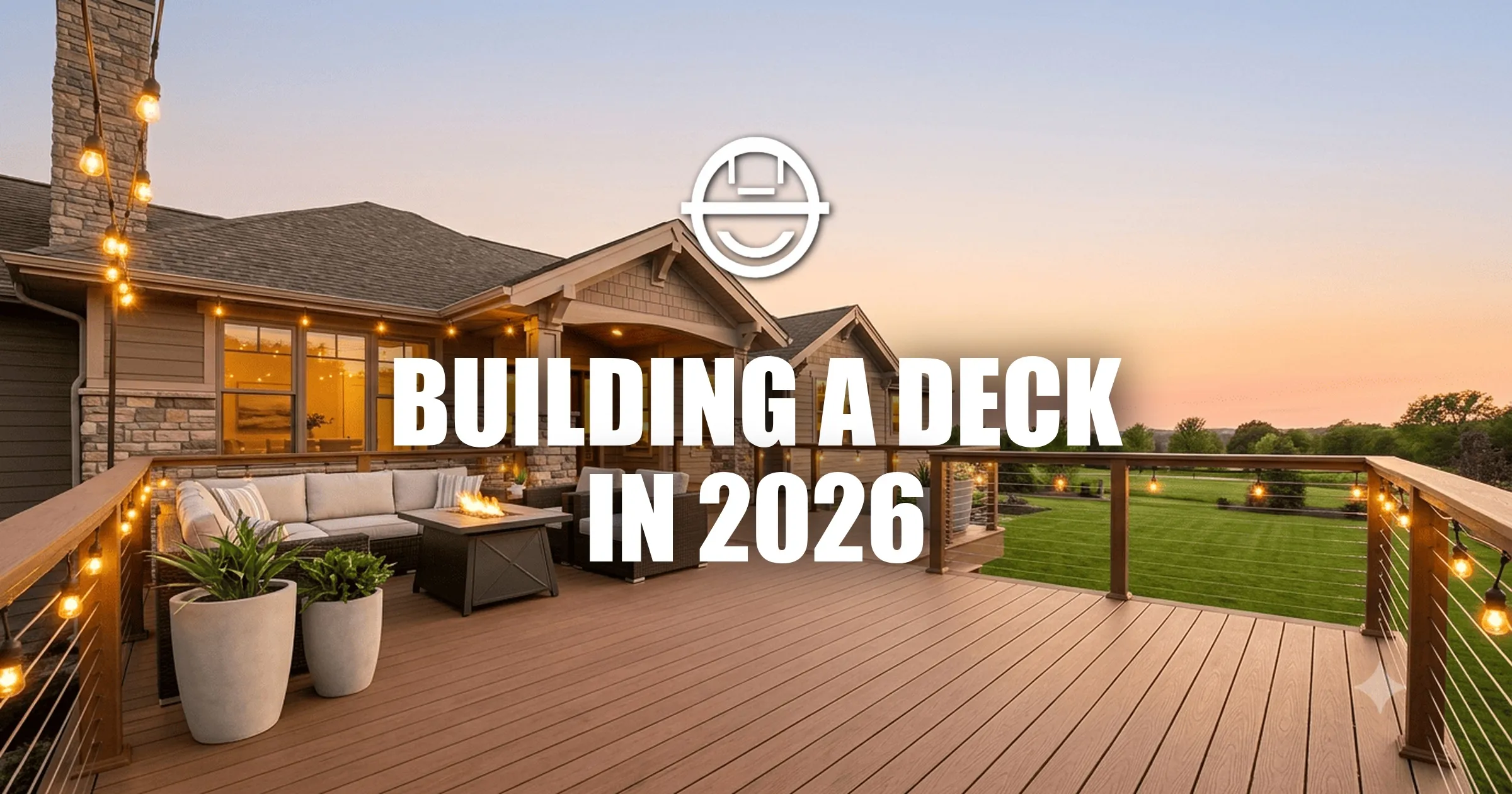 Spacious wooden patio deck with outdoor seating, plan drawings, and calculator (cost planning)