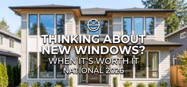 xterior photograph of a modern suburban house with multiple clean, energy-efficient windows, under bright natural daylight.